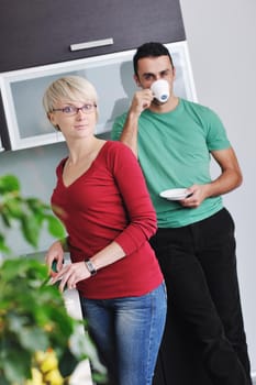 happy young couple have fun in  modern kitchen indoor  while preparing fresh fruits and vegetables food salad