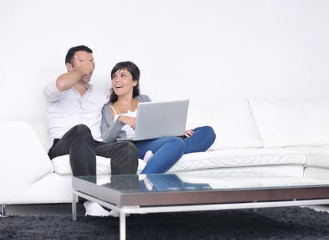 joyful couple relax and work on laptop computer at modern living room indoor home