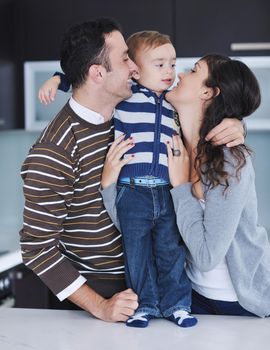 happy young family have fun and relaxing at new home with bright furniture