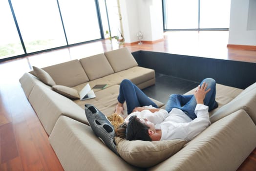 romantic happy young couple relax at home