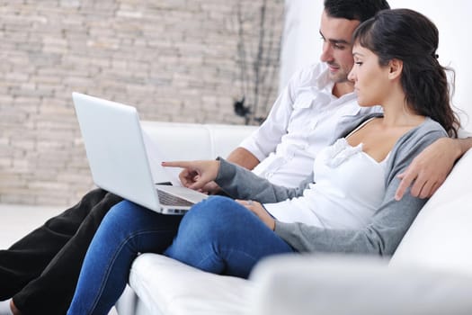 joyful couple relax and work on laptop computer at modern living room indoor home