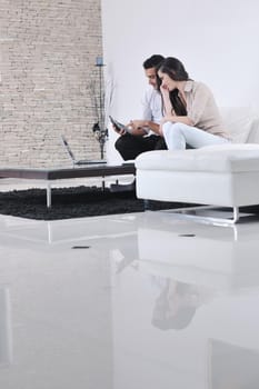 joyful couple relax and work on laptop computer at modern living room indoor home