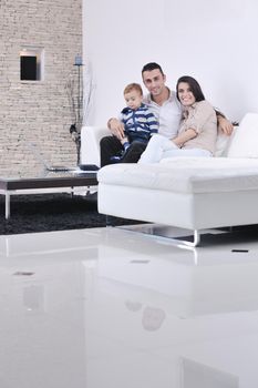 happy young family have fun and relaxing at new home with bright furniture