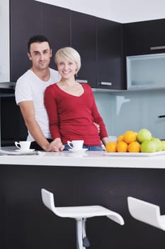 happy young couple have fun in  modern kitchen indoor  while preparing fresh fruits and vegetables food salad