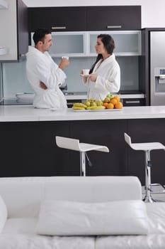 happy young couple have fun in  modern kitchen indoor  while preparing fresh fruits and vegetables food salad