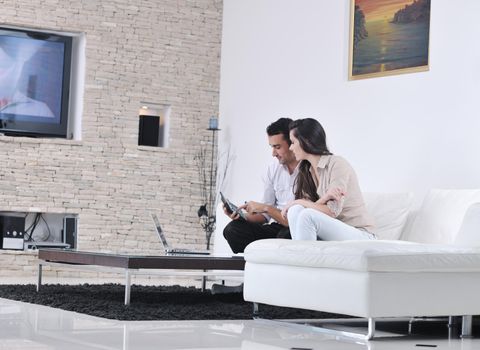 joyful couple relax and work on laptop computer at modern living room indoor home