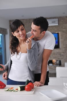 happy young couple have fun in  modern kitchen indoor  while preparing fresh fruits and vegetables food salad