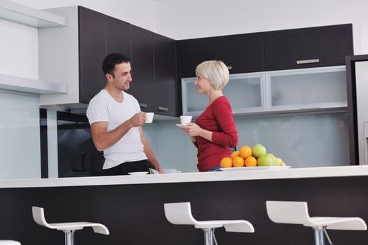 happy young couple have fun in  modern kitchen indoor  while preparing fresh fruits and vegetables food salad