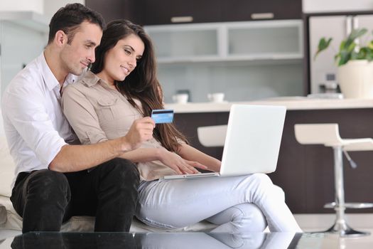 joyful couple relax and work on laptop computer at modern living room indoor home