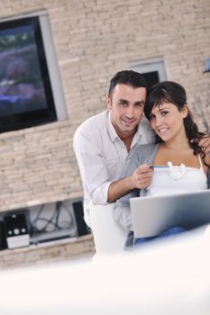 joyful couple relax and work on laptop computer at modern living room indoor home