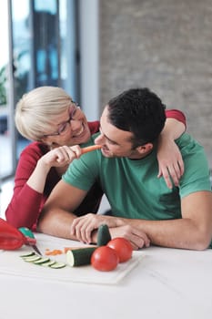 happy young couple have fun in  modern kitchen indoor  while preparing fresh fruits and vegetables food salad