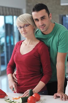 happy young couple have fun in  modern kitchen indoor  while preparing fresh fruits and vegetables food salad