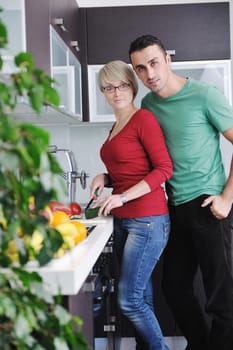 happy young couple have fun in  modern kitchen indoor  while preparing fresh fruits and vegetables food salad