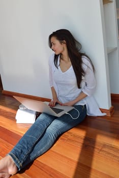 beautiful young woman relax and work on laptop computer modern  home office