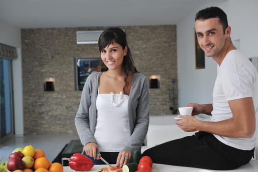 happy young couple have fun in  modern kitchen indoor  while preparing fresh fruits and vegetables food salad