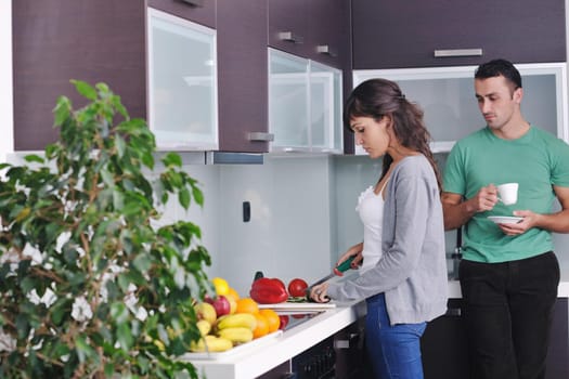 happy young couple have fun in  modern kitchen indoor  while preparing fresh fruits and vegetables food salad