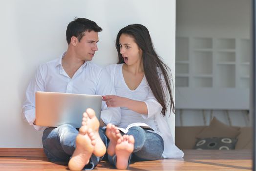 happy young relaxed couple working and playing on laptop computer at home