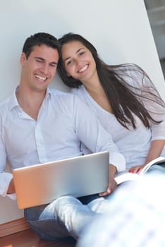 happy young relaxed couple working and playing on laptop computer at home