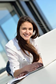 beautiful young woman relax and work on laptop computer modern  home office