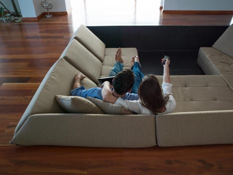 romantic happy young couple relax at modern home indoors