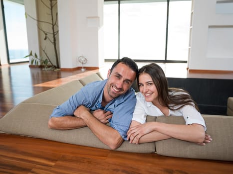 romantic happy young couple relax at modern home indoors