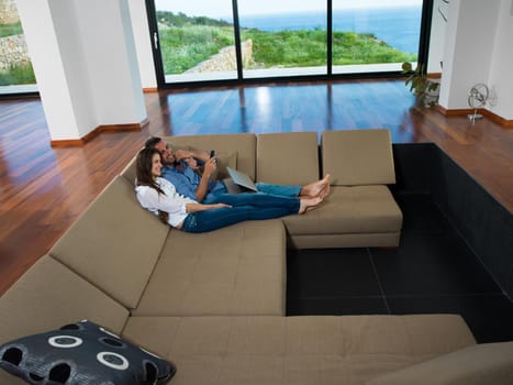 romantic happy young couple relax at modern home indoors