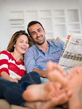 romantic happy young couple relax at modern home indoors