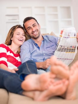 romantic happy young couple relax at modern home indoors