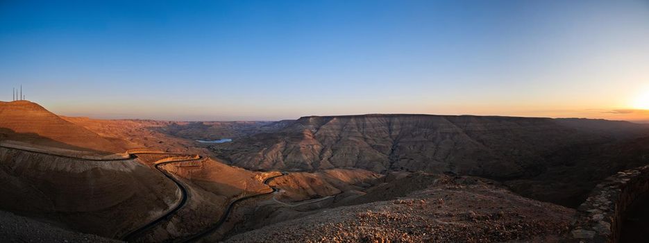 panorama of wadi mujib canyon at sunset, Jordan.