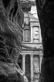 View of the red rose city of Petra from the siq, Treasury facade.