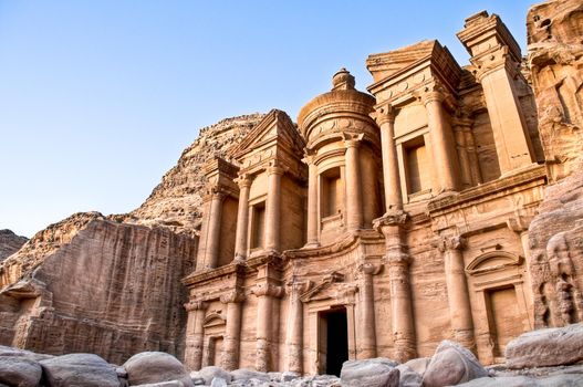 Monastery with blue sky in background high in Petra mountains