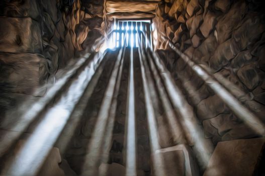 Sun rays beaming through the jail window into the cell.