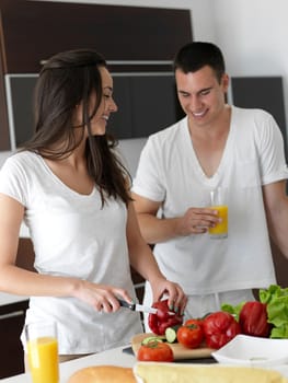 happy young couple have fun in modern kitchen indoor while preparing fresh fruits and vegetables food salad