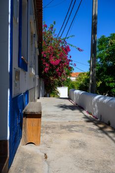 There is a small bench in front of a typical Portuguese house decorated with many flowers.