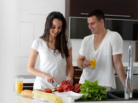 happy young couple have fun in modern kitchen indoor while preparing fresh fruits and vegetables food salad