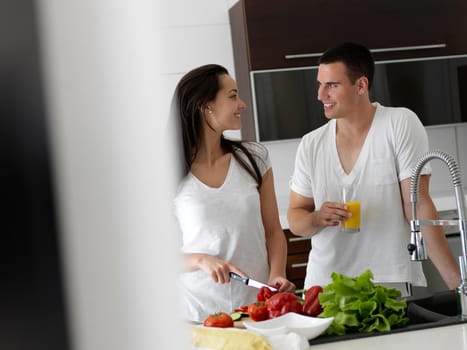 happy young couple have fun in modern kitchen indoor while preparing fresh fruits and vegetables food salad