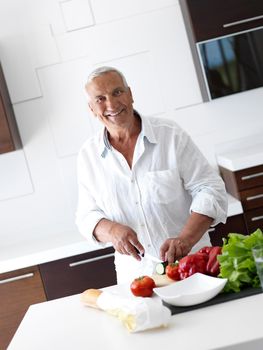 Handsome man cooking at home preparing salad in kitchen.