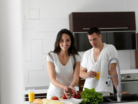 happy young couple have fun in modern kitchen indoor while preparing fresh fruits and vegetables food salad