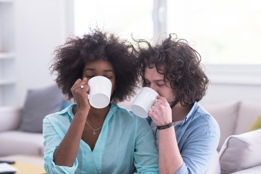 young multiethnic couple sitting on sofa at home drinking coffe, talking, smiling.