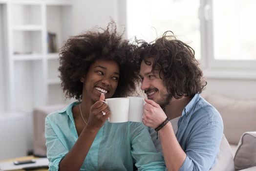 young multiethnic couple sitting on sofa at home drinking coffe, talking, smiling.