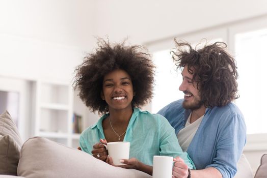 young multiethnic couple sitting on sofa at home drinking coffe, talking, smiling.