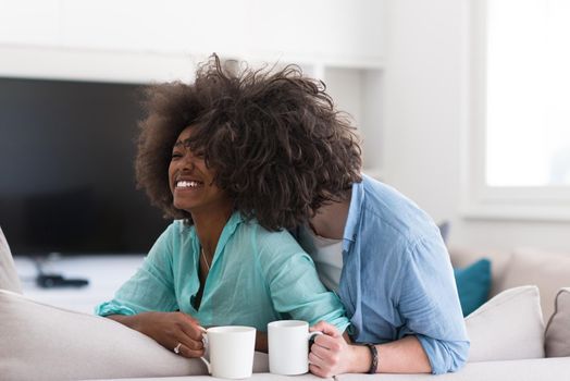 young multiethnic couple sitting on sofa at home drinking coffe, talking, smiling.