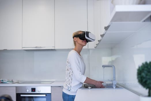 Smile happy woman getting experience using VR-headset glasses of virtual reality at home