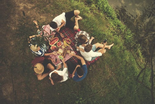 group of young friends enjoying picnic time drink and food in beautiful nature on the river bank top view