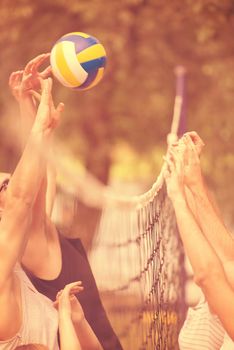 group of young friends playing Beach volleyball in a beautiful nature on the bank of the river