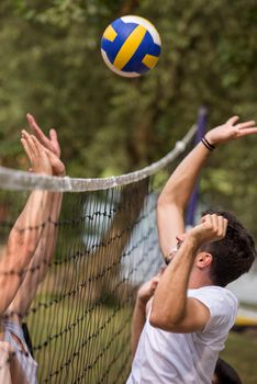 group of young friends playing Beach volleyball in a beautiful nature on the bank of the river