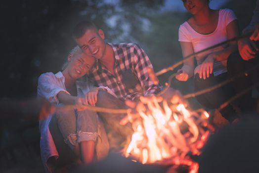 a group of happy young friends relaxing and enjoying  summer evening around campfire on the river bank