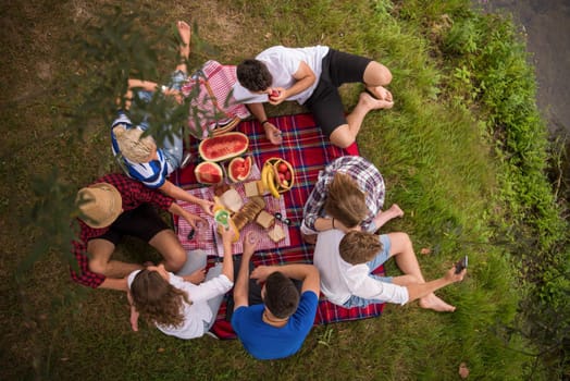 group of young friends enjoying picnic time drink and food in beautiful nature on the river bank top view