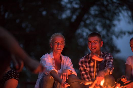 a group of happy young friends relaxing and enjoying  summer evening around campfire on the river bank