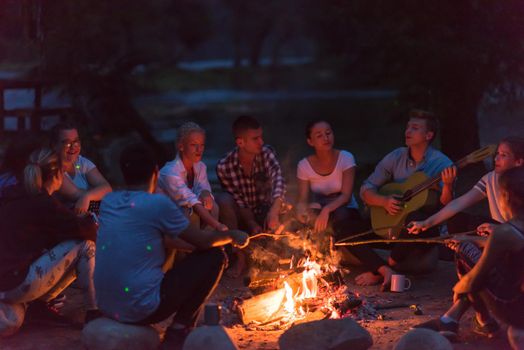 a group of happy young friends relaxing and enjoying  summer evening around campfire on the river bank